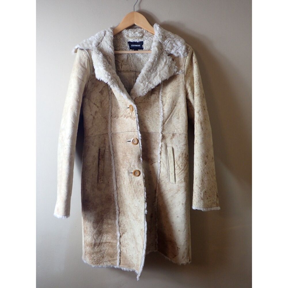 Express Vintage Suede Penny Lane Coat L Brown Faux Fur Afghan Boho Indie